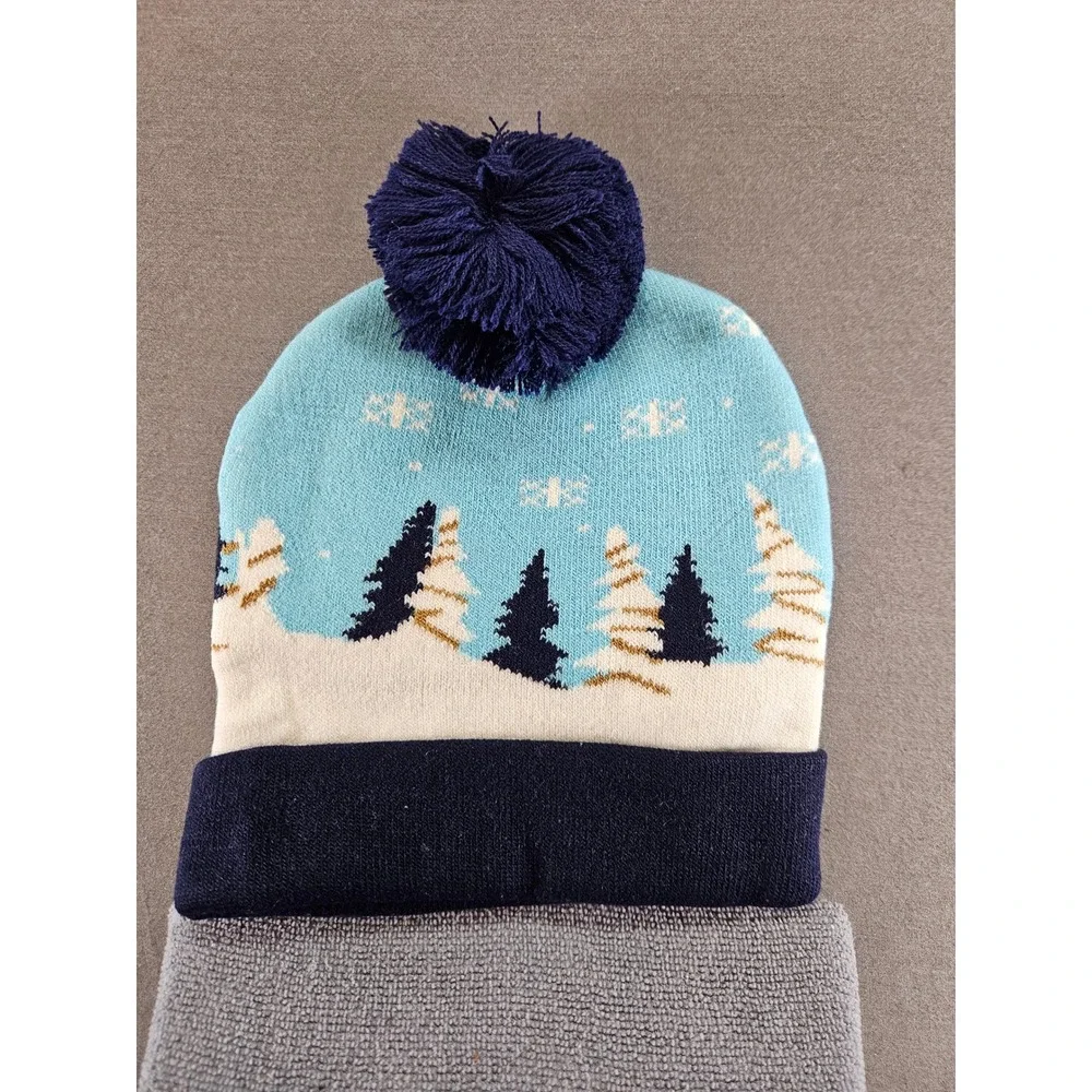 Unbranded Winter Beanie Knit Hat Blue White Snowy Tree Landscape Pom-Pom Cuffed